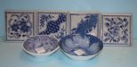 Two Small Blue and White Porcelain Bowls and Four Ceramic Blue and White Coasters