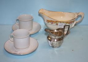 Two White Demi-Tesse Cups and Saucers, Small Silverplate Creamer, and Crown Potteries Company Creamer