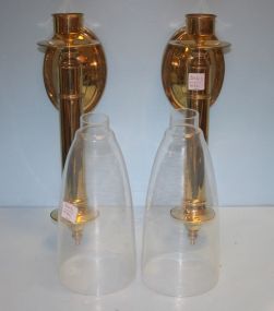 Pair of Brass Plated Wall Sconces with Hurricane Shades