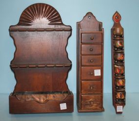 Three Wood Wall Pieces, Six Small Cups in Frame, Six Drawer Spice Cabinet, Spoon Rack with Copper Lining