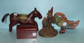 Four Decorative Items which Include a Hand Painted Goose, Treasure Chest Box, Horse, and Resin Elves