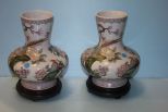 Pair of Hand Painted Bulbous Vases on Stands