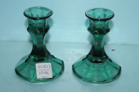 Pair of Small Green Glass Candlesticks