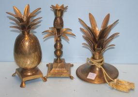 Three Brass Pineapple Candlesticks