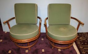 Pair of Bamboo Swivel Chairs with Cloth Upholstery