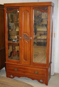 Mahogany Double Door Beveled Mirror Armoire with Drawer