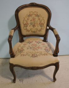 Walnut French Arm Chair with Needlepoint Flower Tapestry
