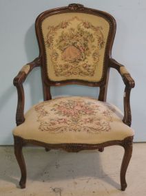 Walnut French Arm Chair with Needlepoint Courtship Scene Tapestry