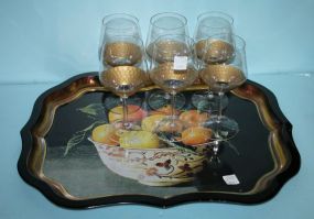 Tin Tray Along with Set of Six Glasses