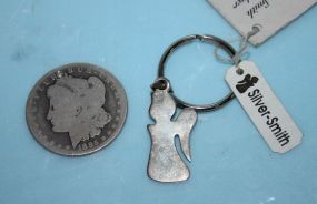 Sterling Silver Key Ring Along with Worn 1885 Silver Dollar