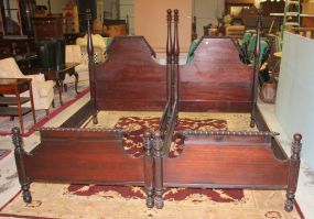Pair of Mahogany Cannonball Poster Twin Beds