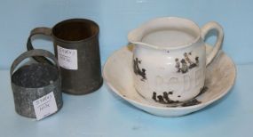 Child's Pitcher and Bowl along with Two Tin Items