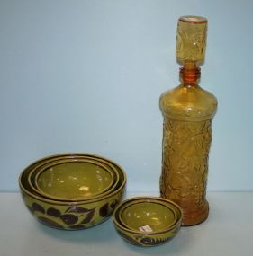Group of Five Painted Pottery Bowls along with a Vintage Amber Decanter