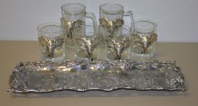 Group of Six Elephant Glasses and a Metal Tray