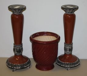 Pair of Decorative Pedestals and a Red Vase