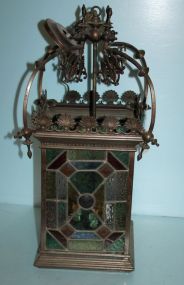 19th Century Brass and Stain Glass Hanging Lantern