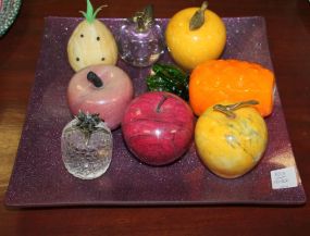 Seven Pieces of Glass Fruit and a Purple Flaked Square Tray