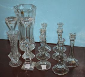 French Lead Cristal d'Arques Vase, a Glass Cross, and Nine Candlesticks