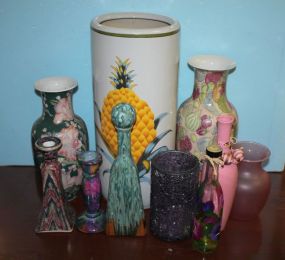 Group of Miscellaneous Items Including Candlesticks, Vases, and Bottles.