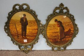 Two Oval Brass Frames with Pictures of Peasants