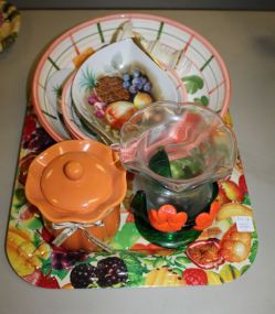 Large Rectangular Plastic Tray with Painted Bowls (one chipped), Vases, and a Covered Jar