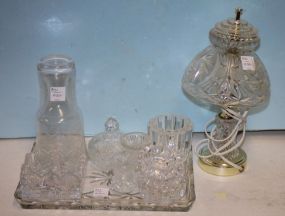 Rectangular Glass Tray, Pressed Glass Lamp, a Tumble Up, a Small Covered Dish, and Match Holders