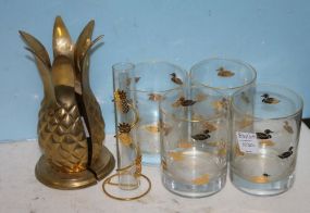 Brass Pineapple Bookends, Four Tumblers, and a Small Bud Vase