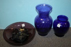 Purple Glass Bowl, a Fluted Bowl, and Two Blue Vases