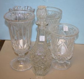 Four Glass Vases and a Pressed Glass Decanter