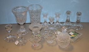 Group of Glass Candlesticks, a Covered Jar, and a Frame