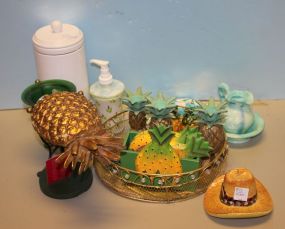 Round Brass Tray, a Pineapple Coaster Set, Candlesticks, a Dispenser and Signs