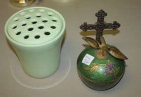 Enamel Covered Brass Jar, a Small Iron Cross, and a Pottery Vase with Holes in Top