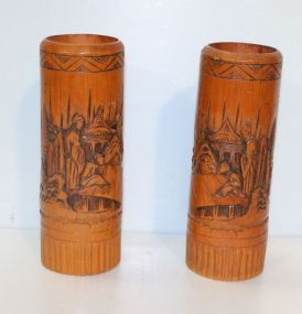 Pair of Hand Carved Brush Pots with Oriental Scenes