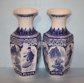 Pair of Six Sided Blue and White Porcelain Vases with Oriental Motif