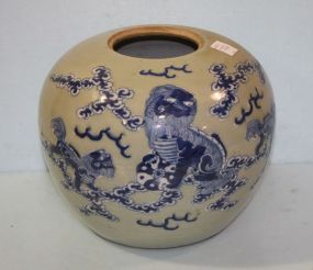 Antique Chinese Porcelain Round Vase with Painted Blue Foo Dogs
