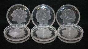 Set of Nine Glass Coasters with Frosted Flower in Center