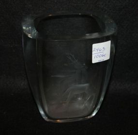 Swedish Art Glass Etched Buck and Doe Flower Vase