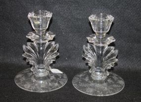 Pair of Elegant Glass Etched Rose Candlesticks