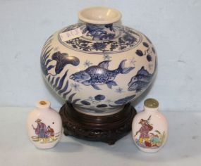 Oriental Blue and White Jar on Wood Base along with Two Oriental Porcelain Snuff Bottles