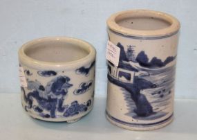 Two Blue and White Oriental Porcelain Tubular Vases