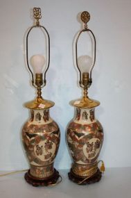 Pair of Hand Painted Porcelain Lamps with Oriental Motif