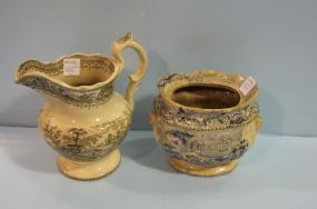 Brown Transferware Pitcher and a Blue Transferware Tureen