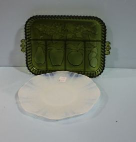 Green Depression Glass Divided Tray and an Opalescent Glass Plate