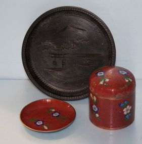 Cloisonne Covered Jar, Dish and a Carved Wood Dish