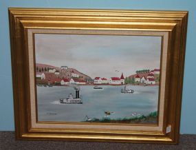 Oil Painting of River with Steamboats, signed C. Bohme