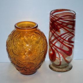 Amber Colored Glass Vase and a Clear and Red Swirl Glass Vase