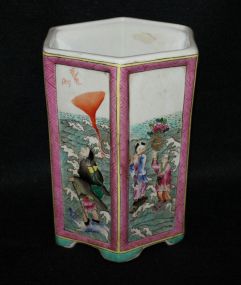Six Sided Hand Painted Vase with Oriental Motif