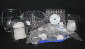 Three Glass Candle Holders, Round Dish and a Square Quartz Clock