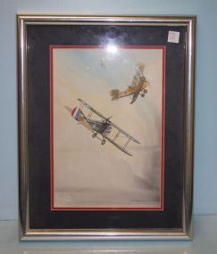 Watercolor Sketch of an Aerial Combat, signed Doe Smend Nicholas .