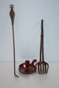 Single Hand Painted Iron Candlestick along with a Two Piece Iron Fireplace Pokers
